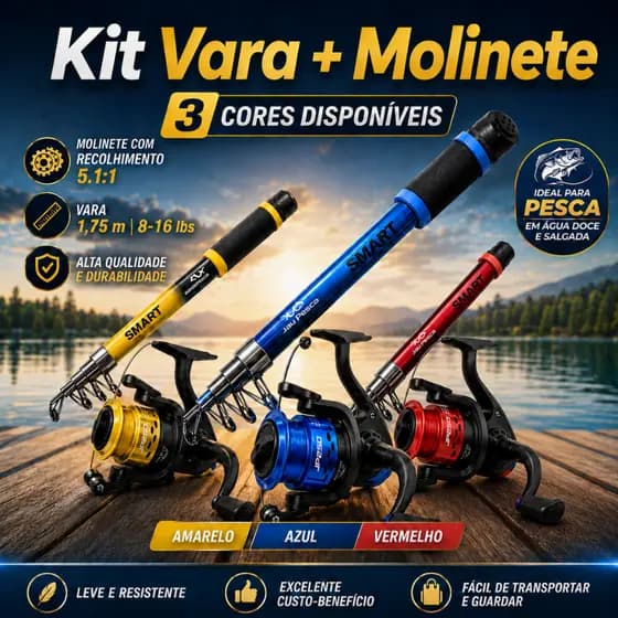 Kit Vara Telescópica Smart + Molinete JP250 Rolamento 5.1:1 Cores Variadas – Pesca Leve a Média