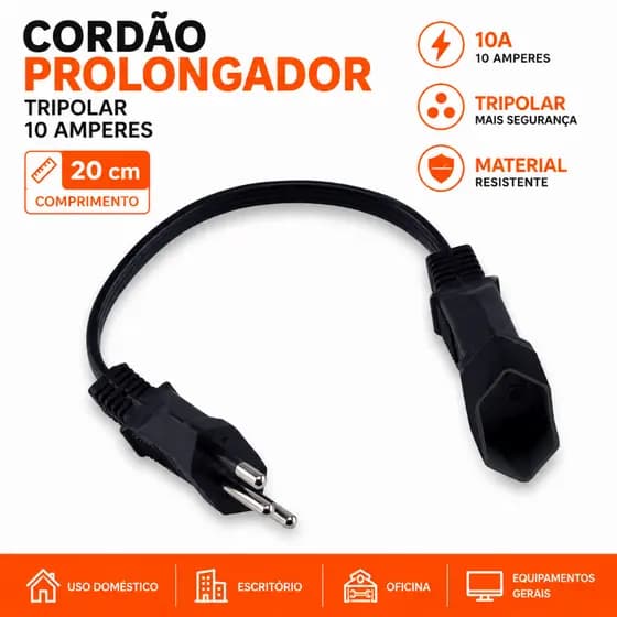 Cordão Mini Prolongador Tripolar 20 cm Tripolar 10A Force Line