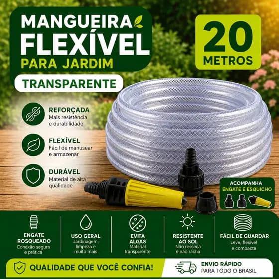 Mangueira de jardim reforçada trançada 20 metros transparente com engate e esguicho durável
