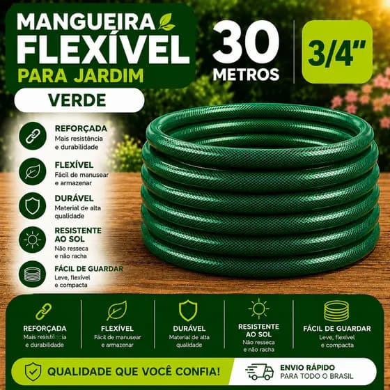 Mangueira 30 metros trançada 3/4 verde para jardim reforçada anti dobra irrigação