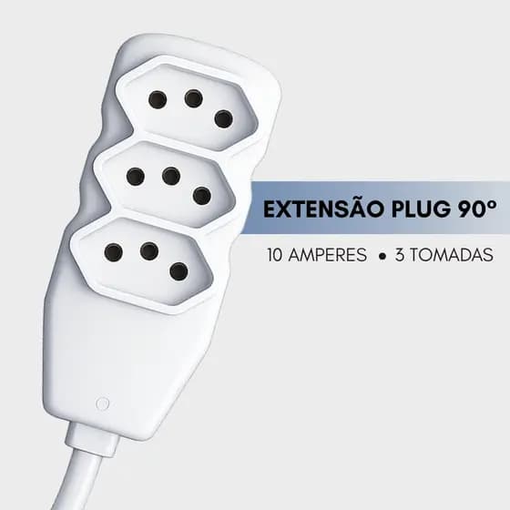 Extensão elétrica Plug 90 Graus 3 Tomadas Tripolar 10A Bivolt 3 metros branco Force Line