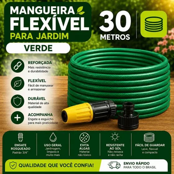 Mangueira Jardim 30 Metros Com Esguicho Trançada Reforçada Flexível Anti Dobra Irrigação Quintal Durável 3/8
