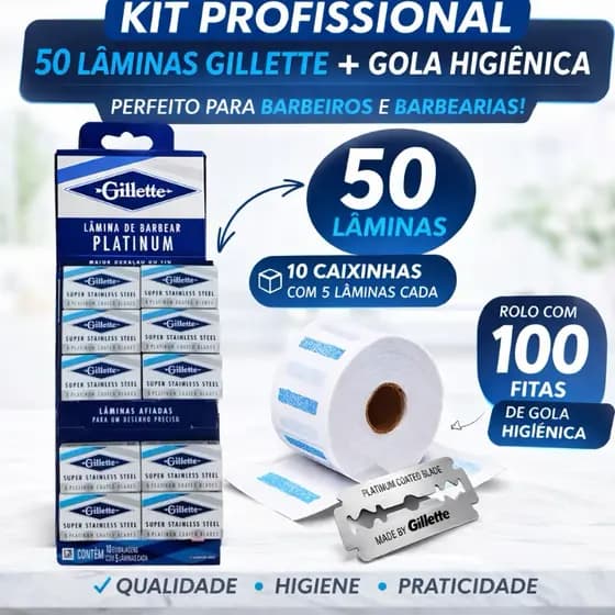 Kit Barbearia Lâminas Gillette 50 Un + Gola Higiênica Descartável 100 Tiras Barbeiro