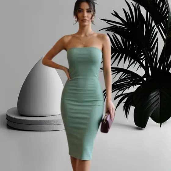 Vestido Canelado Midi Tubinho Tomara Que Caia com bojo-Moda Feminina Casual/Festa - Tamanhos M e G