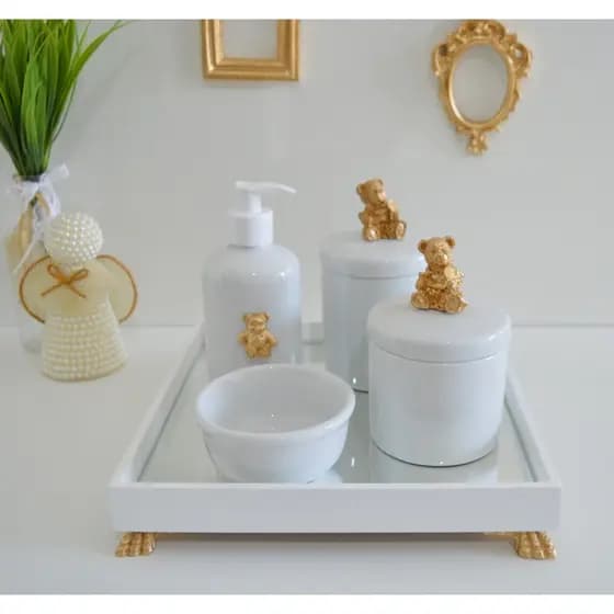 Kit Higiene Bebê K014 Dourado Moderno Bandeja MDF branca Potes Porcelana Gel Moderno