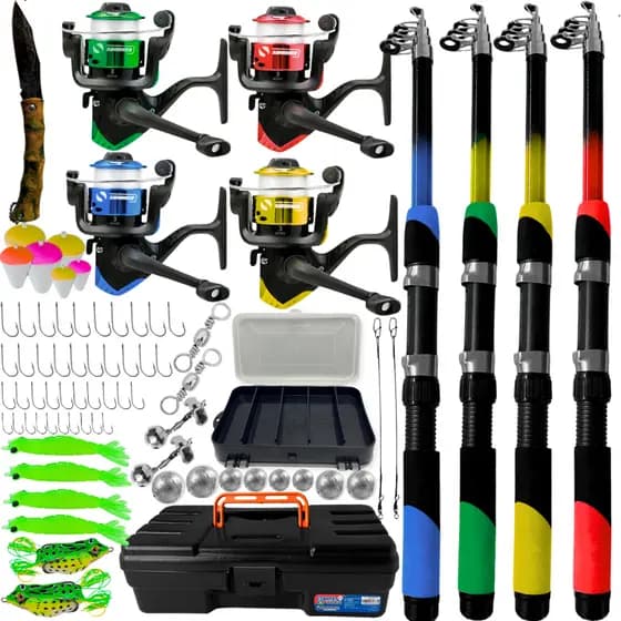 Kit Pesca Completo Vara Telescópica + Molinete c/ Linha + 58 Acessórios + 1 Maleta Pesca + Estojo 13 Divisórias e Iscas