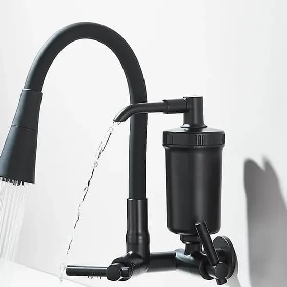 Torneira com Filtro Parede Preto Bica Movel Cozinha Abs Black Cromado Jato Dupla função Flexivél