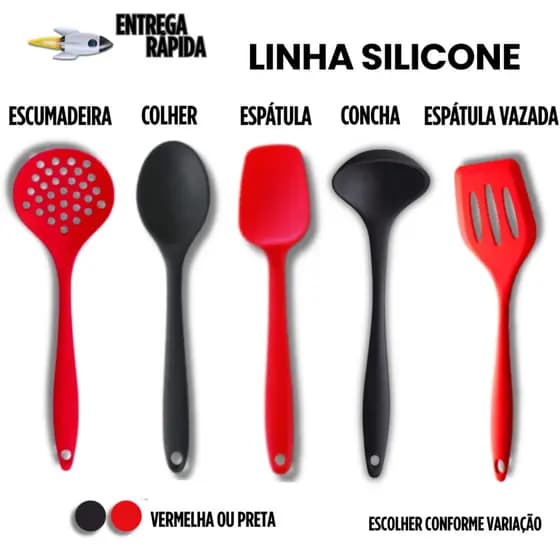 Linha Silicone Colher + Concha + Espátula + Espátula Vazada + Escumadeira Não Risca PROMOÇÃO
