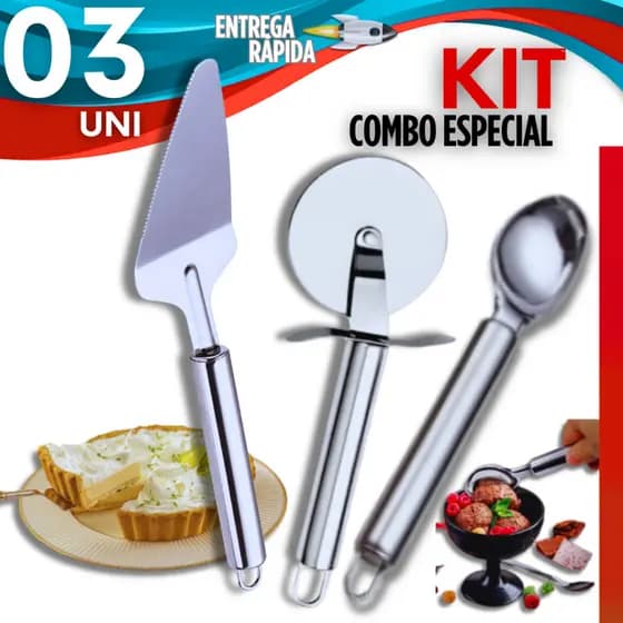 Combo Especial - Espátula para Bolo Torta + Colher Para Sorvete + Cortador de Pizza Massas Inox