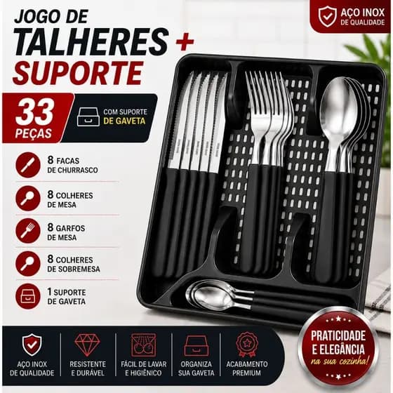 Jogo de Talheres 33 Peças Aço Inox Preto ou Vermelho Kit Com Suporte Para Gaveta Talher Faqueiro