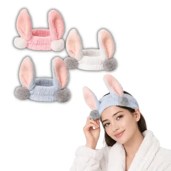 Faixa de Cabelo de Pelúcia com Orelhas de Coelho Tiara Skincare Maquiagem Macia