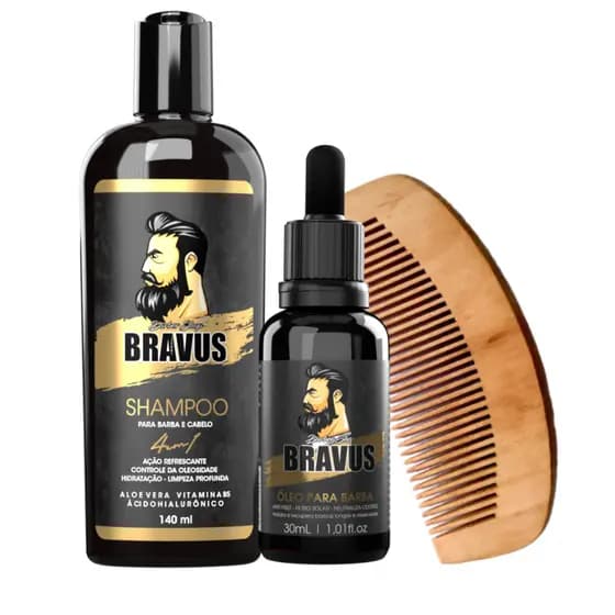 kit barbaShampoo 140ml+ Òleo para barba 30ml+pente madeira