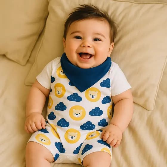 Conjunto Kit 3 peças 2 Macacão Curto Verão + Bandana, Romper, Macaquinho, Banho de Sol, Estampas Fofas Para MENINOS