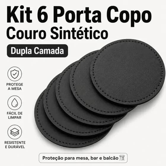 Kit 6 Porta Copo Varias Formas Couro Sintético Dupla Camada P/ Mesa Bar Balcão Suor Chopp Cerveja