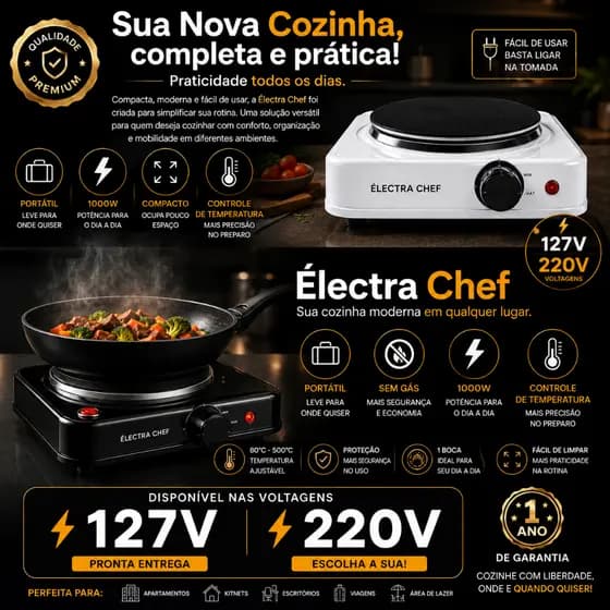 Cooktop Elétrico Portátil Électra Chef 1 Boca Potente 1000W 127V (branco) e 220V (preto)