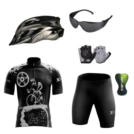 Conjunto Ciclismo Camisa Proteção Uv e Bermuda c/ Capacete Ciclismo + Luva + Óculos de Proteção