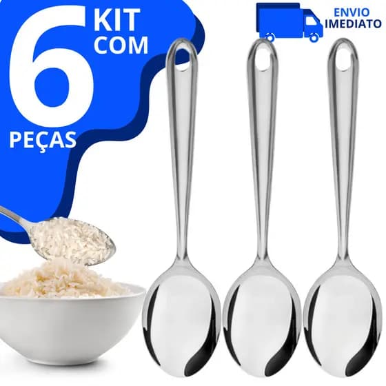 Kit 6 Colher Para Servir Arroz Grande Aço Inox 25CM Para Cozinha e Restaurantes