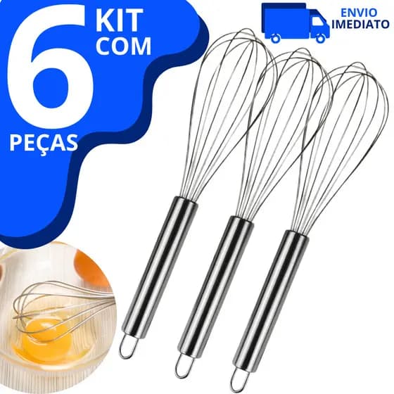 Kit 6 Batedor De Ovos E Massas Fouet Profissional Em Aço Inox Mixer Manual 30cm