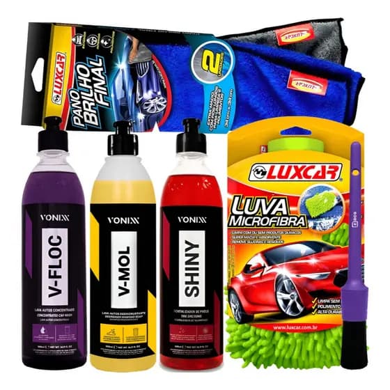 Kit Lavagem Detalhamento Automotivo Shampoo V-floc V-mol Shiny Vonixx Pincel Luva Toalha Secagem