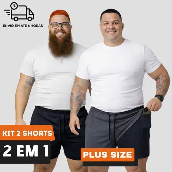 KIT 2 Shorts 2 em 1 Bermuda Masculina PLUS SIZE Com Compressão Interna Treino Academia