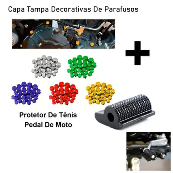 Kit Capa Tampa Decorativas De Parafusos Com Protetor De Tênis Pedal Moto Marcha Sapato Universal