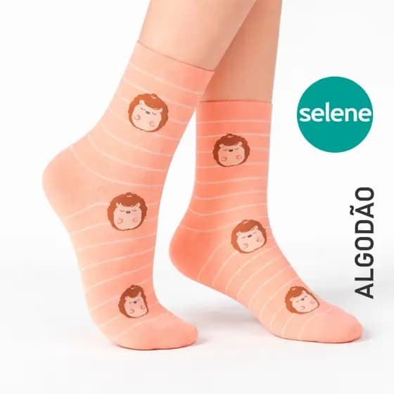 Meia Feminina Cano Longo ALGODÃO Selene Estampada 34-39 Conforto Meia Divertida Colorida Bichinhos Colorida