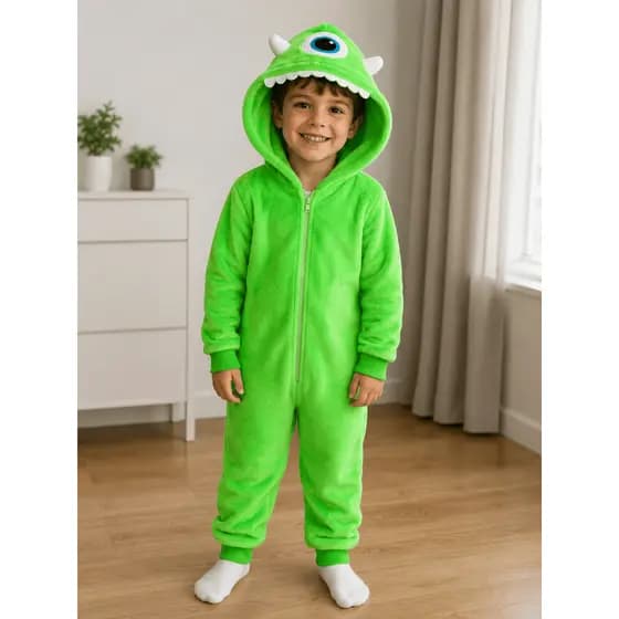 Macacão Peluciado Mike Wazowski em Fleece - fantasia, pijama kigurumi para bebês e crianças