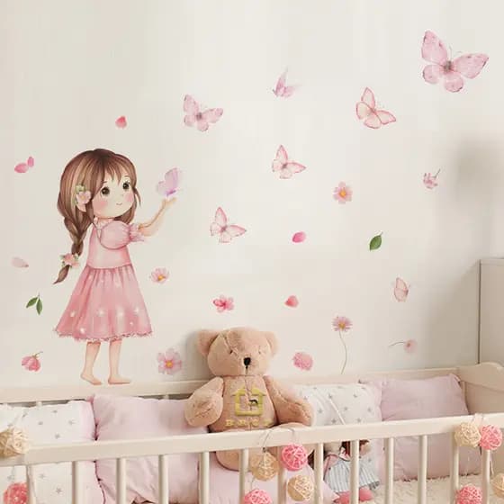 Bonito menina borboleta flor auto-adesivo adesivo de parede quarto das crianças decoração adesivo
