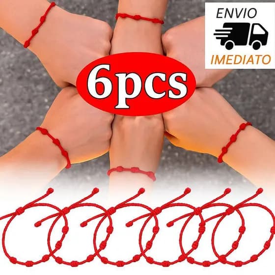Kit 6 pulseiras de proteção e sorte 7 nós vermelha Kabbalah