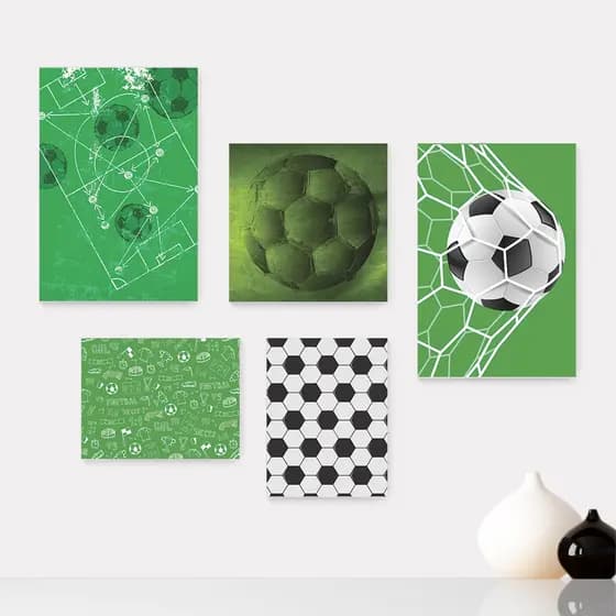Kit 5 Quadros Decorativos Placas - Futebol - Campo - Bola - Jogador - Esportes Casa Quarto Sala - 163ktpl5