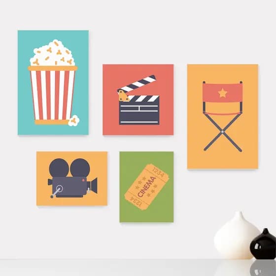 Kit 5 Quadros Decorativos Placas - Cinema - Projetor - Filmes - Sala Casa Quarto Sala - 231ktpl5