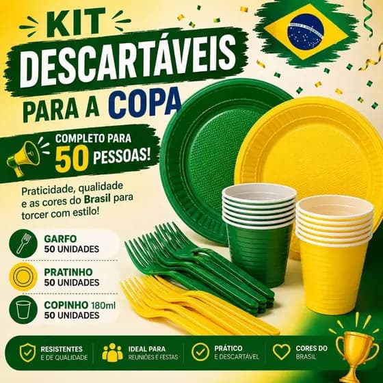 Kit Descartáveis Copa 50 Pessoas Completo 50 Pratos 50 Copos 50 Garfos Verde Amarelo