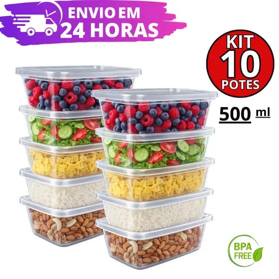 Kit 10 Potes 500 ml Reforçado Transparentes BPA Free Organizador de Alimentos Marmitas