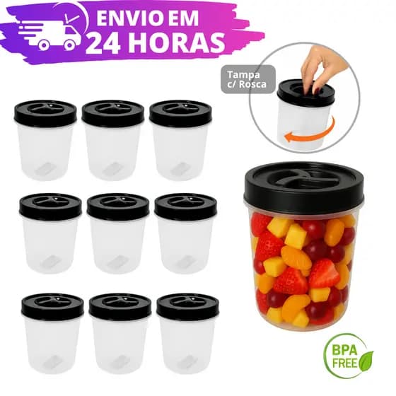 Jogo 10 Potes Redondo 500ml Tampa Preta com Rosca BPA FREE REFORÇADO Pote Mantimentos Tempero Potinho