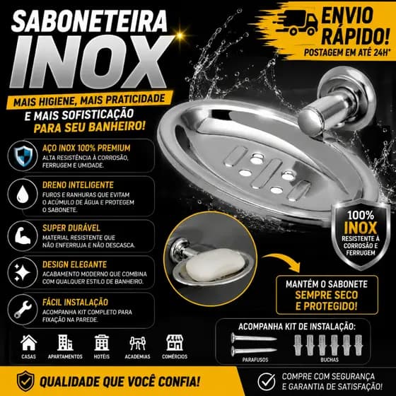 Porta Sabonete Inox De Parede Saboneteira Banheiro Aço Inoxidável Com Kit Instalação Porta Sabonete