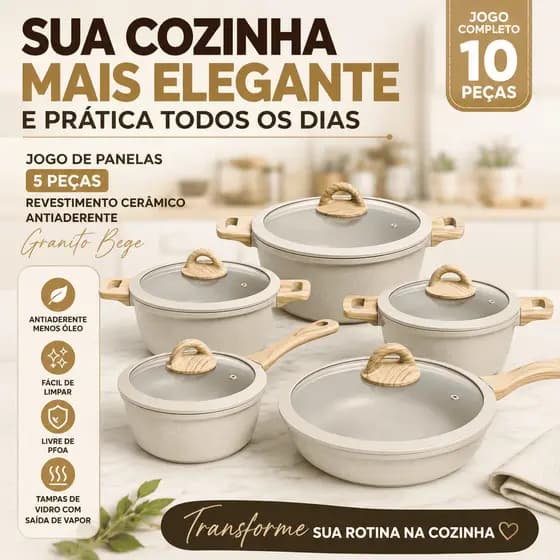 Jogo de Panelas Cerâmica 5 Panelas 10 Peças Bege Antiaderente Granito Tampa de Vidro Livre de PFOA