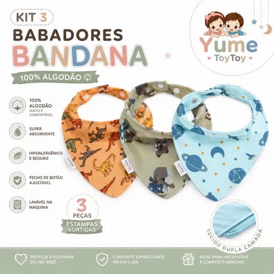 Kit 3 Babadores Bandana Bebê 100% Algodão Estampado Menino Menina Macio Premium