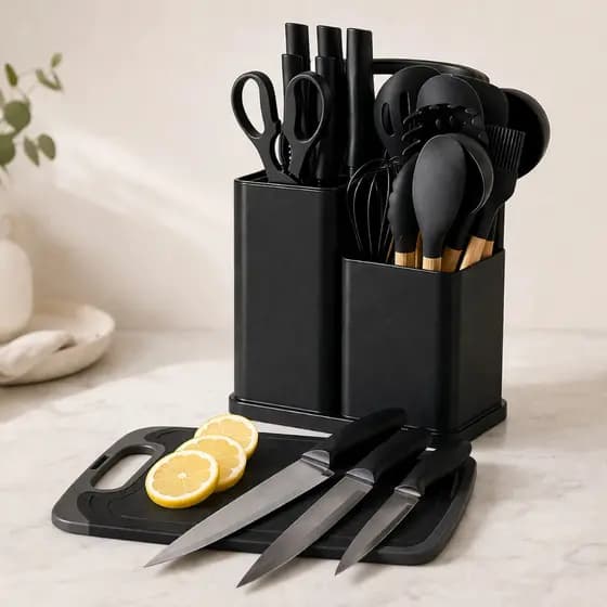 Kit Utensílios Cozinha Completo 19 Peças Cabo Madeira com Facas Tábua e Suporte