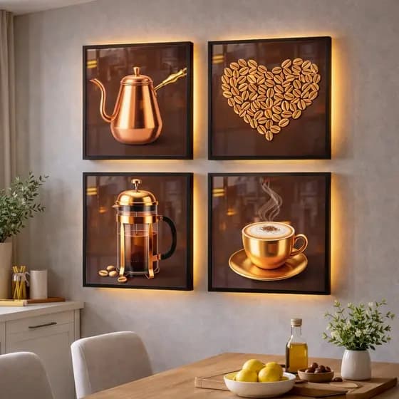 Quadros Decorativos Kit Quadrinhos Moderno para Cafeteria Cantinho do Café Marrom Grãos Coração 4 pçs