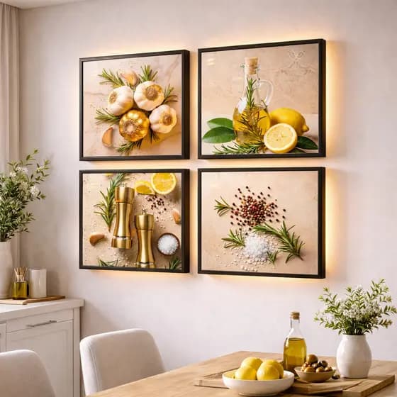 Quadros Decorativos para Cozinha Temperos Alho Sabor Restaurante Moderno 4 Peças
