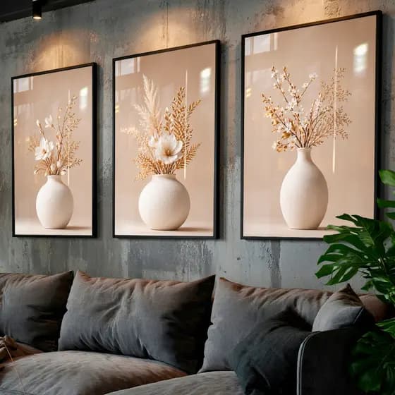 Kit 3 Quadros Decorativos Floral Boho Vasos Elegantes Sala Quarto Decoração Moderna