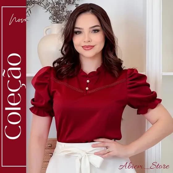 Blusa Feminina Crepinho Elegante com Manga Bufante e Botões Pérola Moda Evangélica Delicada Moderna