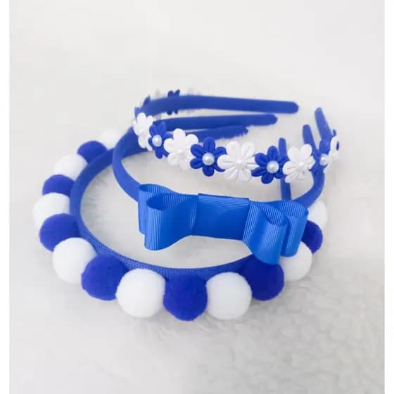 kit Volta as Aulas 3 Lindas Tiara azul Royal e Branco Com Pompom Florzinhas e Meia Pérola