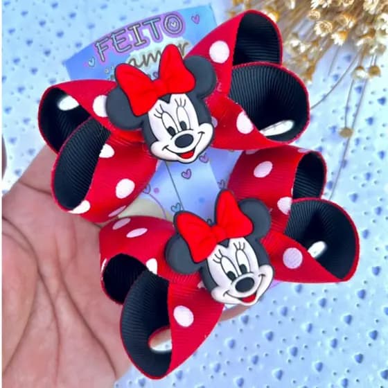Par De Laço Minnie Rosa e Vermelho Par de Laços para Menina Acessório de Cabelo Infantil