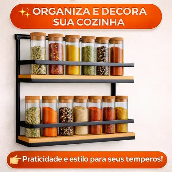 Prateleira Porta Temperos Cozinha Parede Ferro e madeira organizador