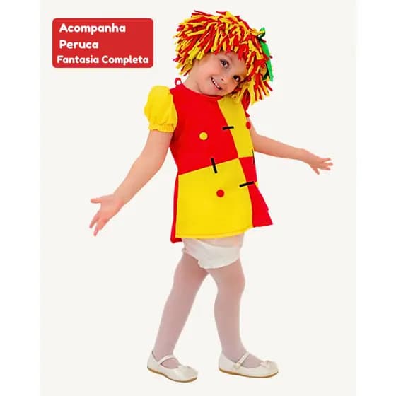Fantasia Emília Infantil Menina – Boneca de Pano com Peruca