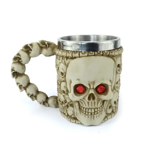Caneca Caveira De Olho Vermelho Com Alça 400ml Copo Decorativo De Metal e Resina