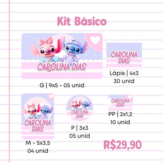 Kit etiquetas Escolares | Stitch e Angel | 58, 93 ou 151 Unidades | Etiquetas escolar Personalizadas