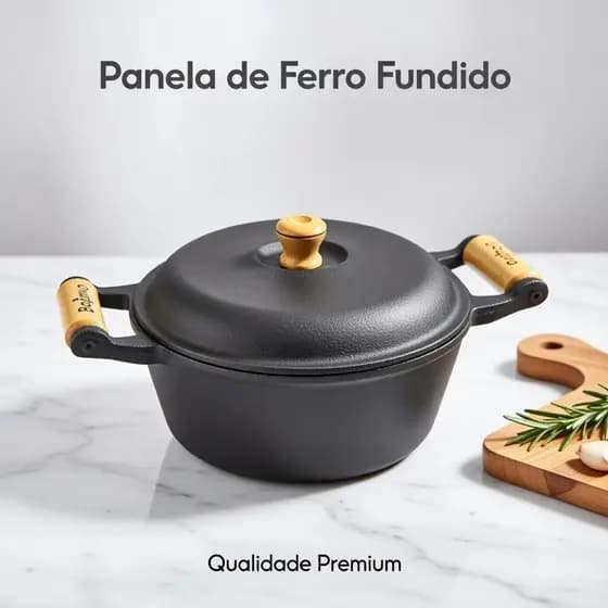 Panela Caçarola Ferro Fundido 2 Alças Madeira Tampa ferro 1 LT 16 CM