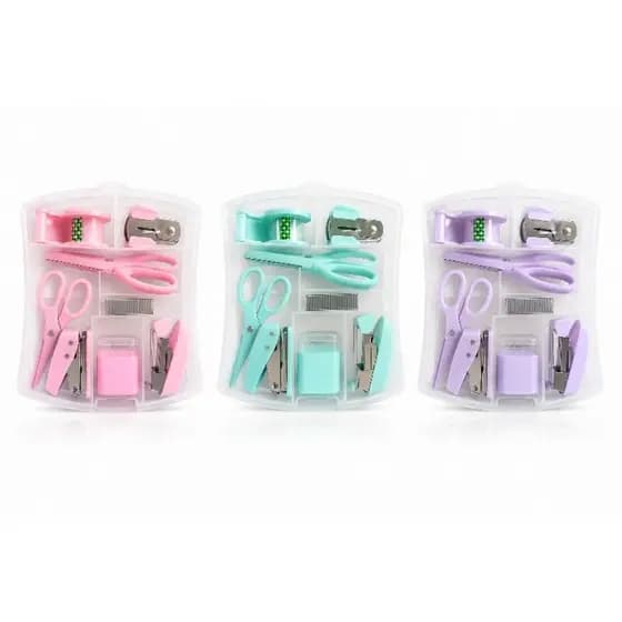 Kit Papelaria Rosa 6 Peças Completo Mini Escritório Escolar Grampeador Tesoura Fita Adesiva